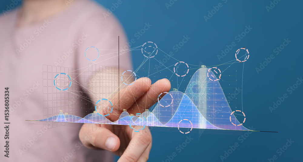 Aufkleber person interacts with a holographic graph, visualizing data trends and insights. perfect for tech, b