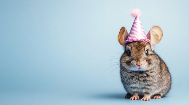 Adorable small rabbit wearing a pink party hat on a light blue background