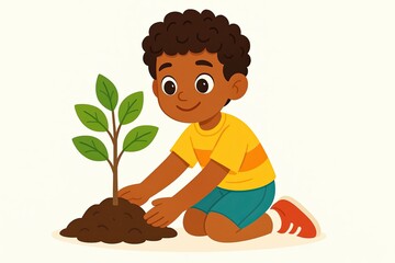 Menino brasileiro plantando uma árvore – ilustração em aquarela para livros infantis, sites sobre ecologia infantil e centros educativos

