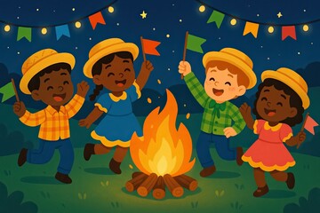 Crianças dançando ao redor da fogueira no acampamento – ilustração infantil fofa

