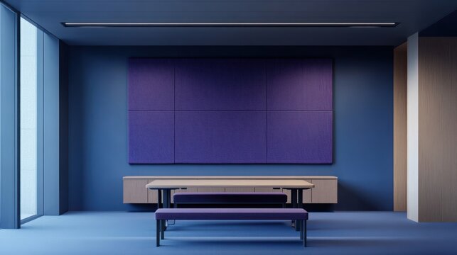 Modern, minimalist interior space with a purple accent wall and a simple dining area