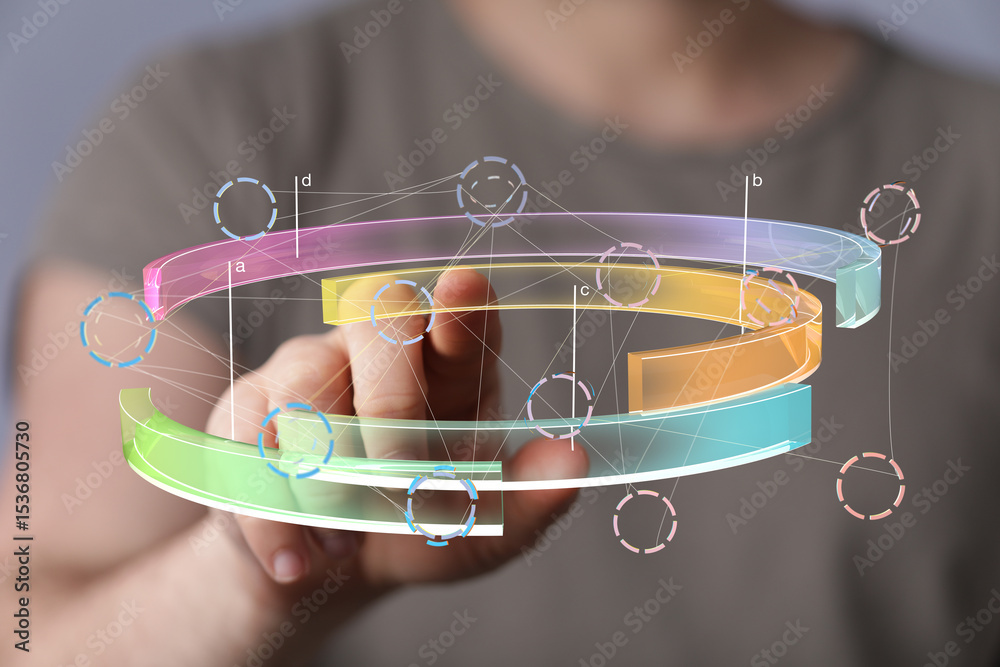 Aufkleber Person interacting with a 3D holographic data visualization.  Modern technology concept.