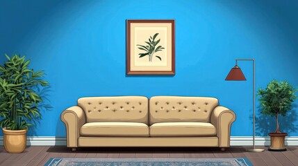 Beige sofa in a blue room with plants and artwork.