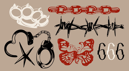 Brass knuckles, chain, barbed wire, hand cuffs, star, swirled butterfly, number of beast. Hand drawn Vector illustration. Tattoo flash, sticker, logo, icon, print, design templates. Isolated elements