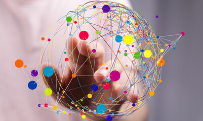 Abstract image of a hand interacting with a colorful network, representing global connections and...