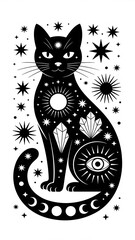 Mystical Black Cat: Celestial Design, Wiccan Art, Moon Phases, Sun, Stars, Crystals AI generated
