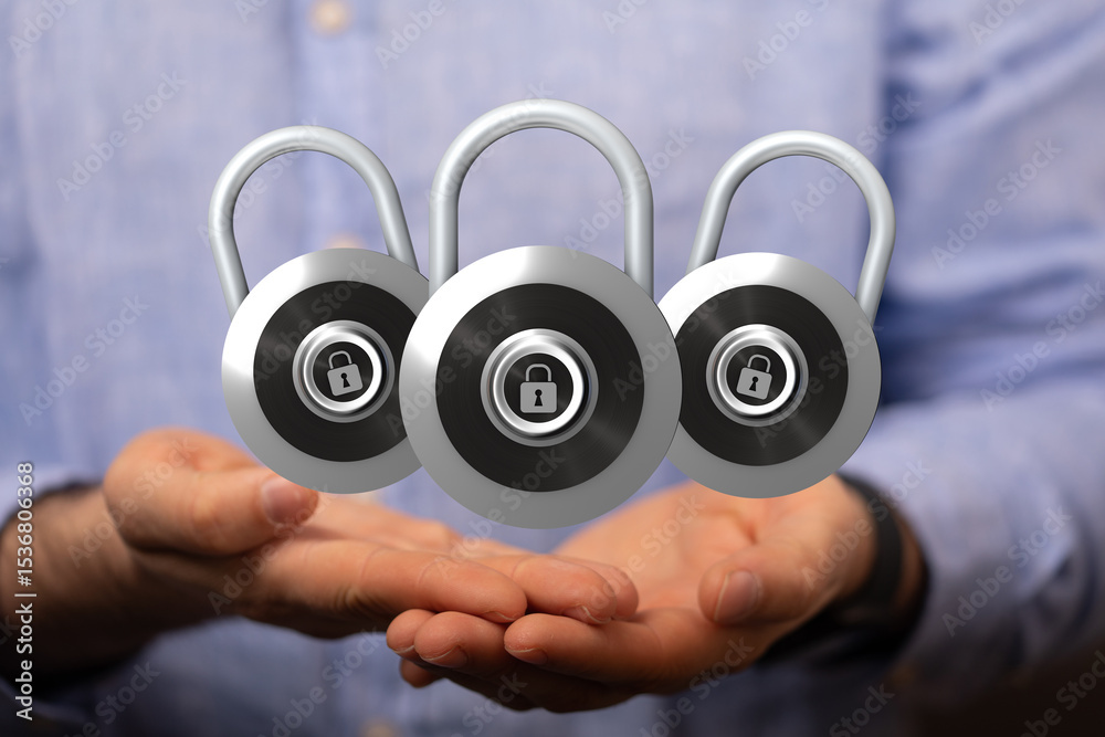 Poster Image of three padlocks representing data security, privacy, and protection. Ideal for cybersecurity websites and presentations.