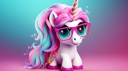 Colorful unicorn character with vibrant pink and blue hair, wearing oversized glasses, sitting against a soft gradient background, embodying a playful and whimsical atmosphere