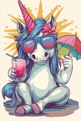 Colorful unicorn illustration wearing sunglasses, holding a tropical drink with an umbrella, surrounded by vibrant stars, embodying a fun and whimsical summer vibe
