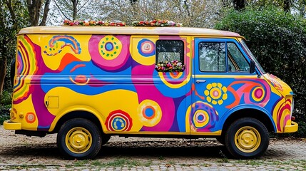Colorful Hippie Van with Psychedelic Art parked outdoor during a sunny day