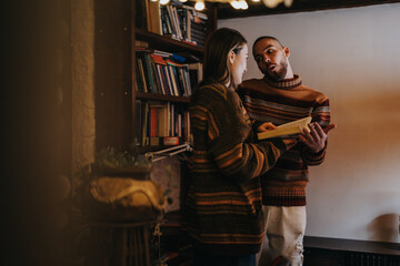 A man and woman in patterned sweaters enjoy reading and discussion in a cozy library, merging...
