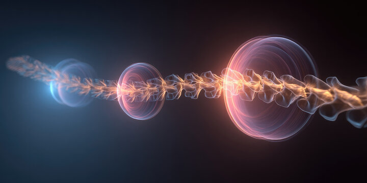 Captivating Visual Representation of Human Back Pain: Modern Abstract Design with Gradient Blue Background and Glowing Transparent Circles. Professional Illustration for Medical, Healthcare, and Rehab