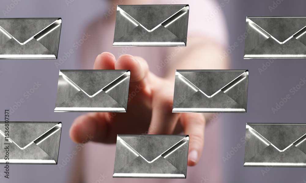 Poster abstract image of a hand reaching for floating email icons. perfect for communication, technology, o