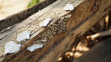 Detailed macro view of rotten wood severely damaged by termites, showing insect infestation, structural decay, hollowed textures, destructive nesting patterns caused by persistent wood-eating behavior