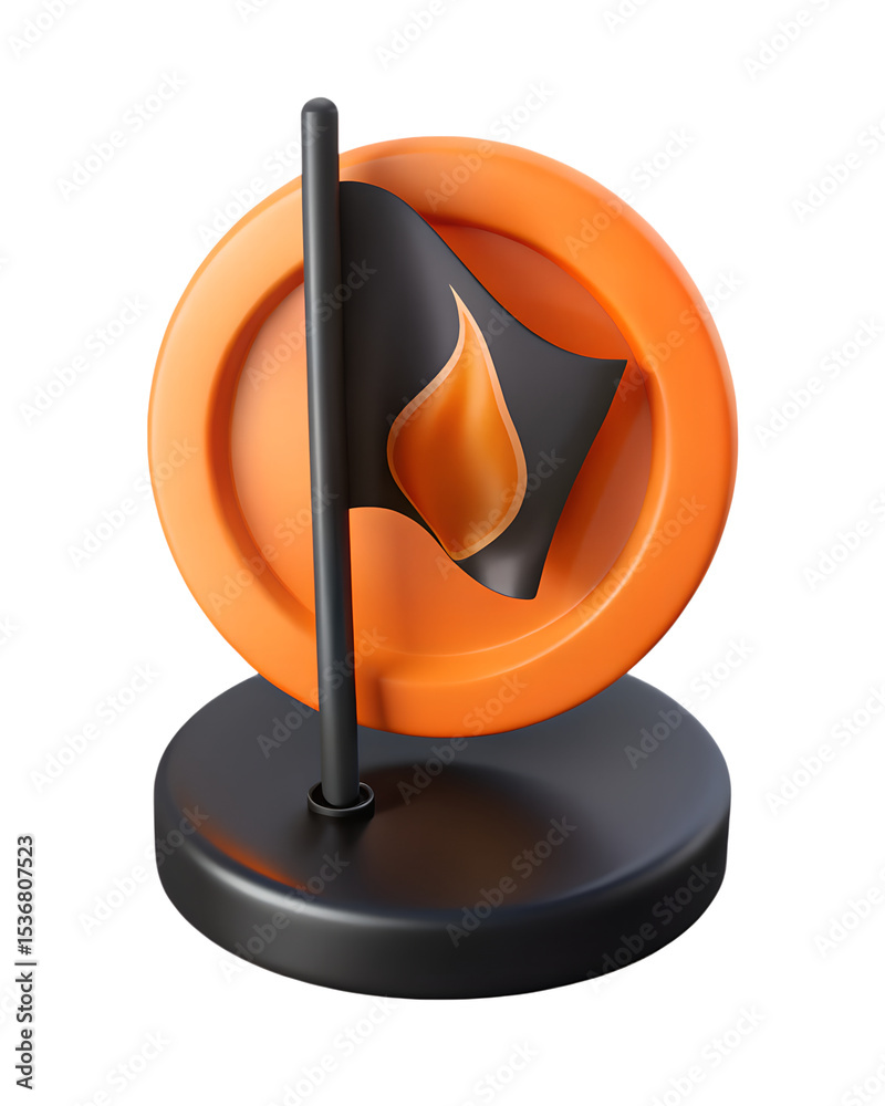 Poster a professionally designed 3d rendering of an orange flag with a flame symbol on a black pole with a 