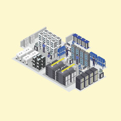 Isometric Illustration of a Modern Data Center Server Room Infrastructure and IT Technicians at Work