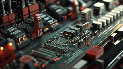 Close-up view of complex circuit board with intricate components, glowing lights, and detailed textures..