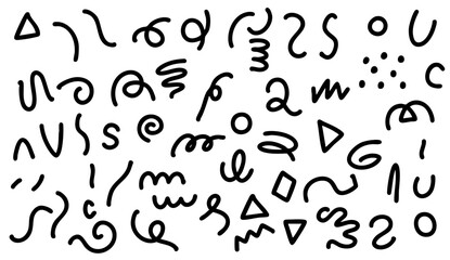 手描き風の抽象記号＆幾何学模様のラインアート イラストセット　ベクター黒