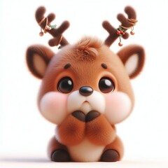 3D realistic adorable fluffy funny reindeer expression on a white background, Christmas theme