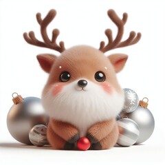 3D realistic adorable fluffy funny reindeer expression on a white background, Christmas theme