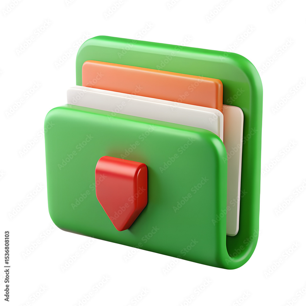 Poster a vibrant 3d rendering of a digital file folder icon with colorful layered documents for data organi
