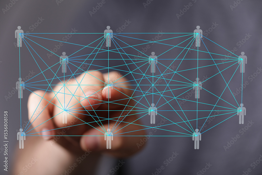 Poster Image of a hand interacting with a digital network of interconnected people. Represents global communication and collaboration.
