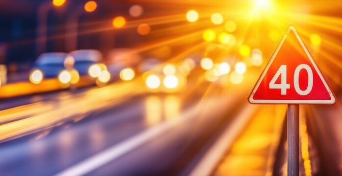 Traffic sign displays speed limit on blurred city road during sunset