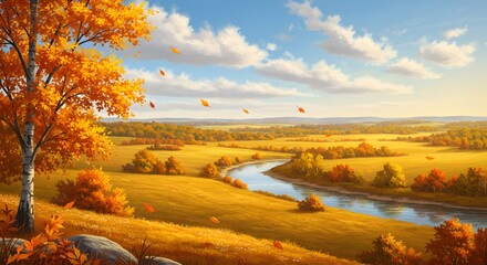 Obraz premium Autumn Landscape with Falling Leaves 
