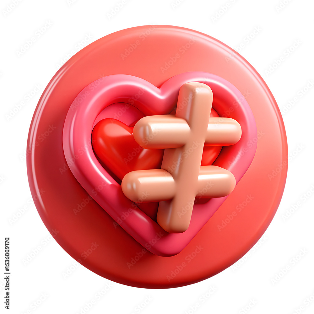 Poster abstract 3d rendered heart icon with an overlay cross design in a plastic style with a gradient red 