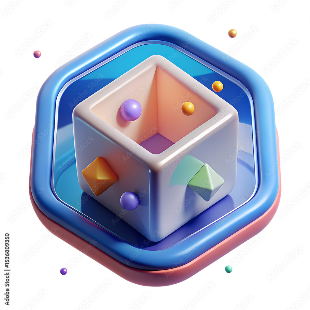 Poster abstract 3d rendering of a colorful geometric cube with multiple shapes isolated on transparent back