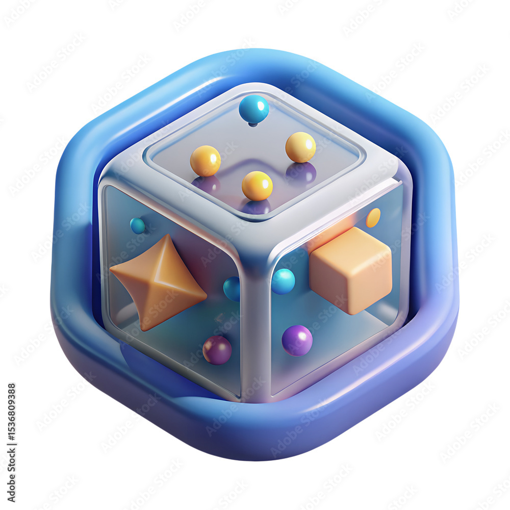 Poster abstract 3d rendering of geometric shapes within a transparent cube and plastic-style frame, modern 