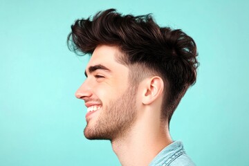 Fototapeta premium Elegant men's mid fade haircut - midlife white man with black hair. A midlife man posing for a portrait. Blue solid background. Visual idea of style for aging men.