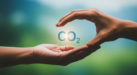 Protecting and conserving the environment concept with hands holding CO2 symbol
