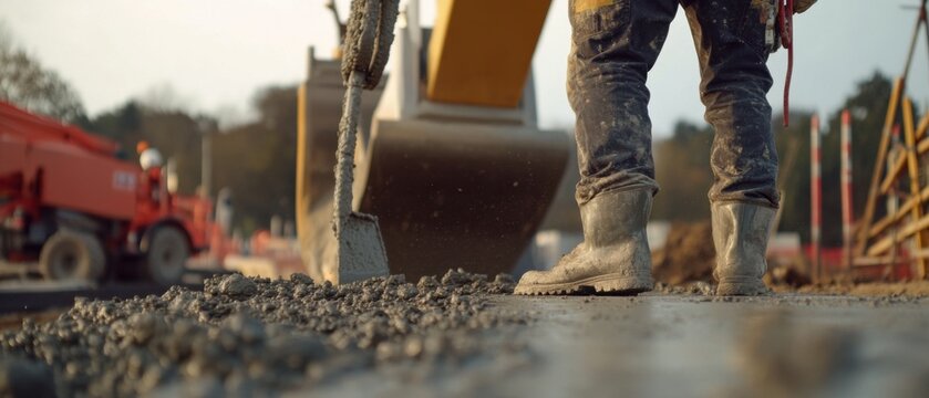 A close-up portrait of a construction foreman inspecting concrete pouring at a bridge construction site, Bridge construction inspection scene, Authoritative and detailed style
