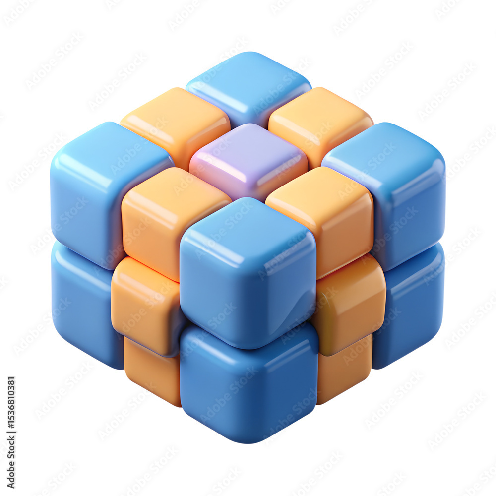 Poster colorful 3d rendering of a cube composed of multiple glossy square blocks, in a modern art abstract 