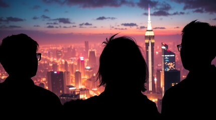 People and network, silhouette of people looking at a city to learn more about business