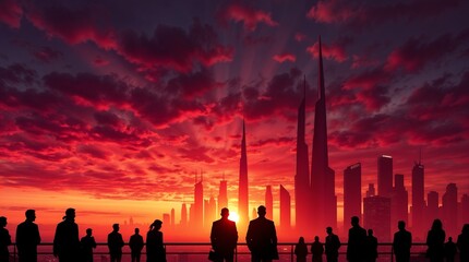 People and network, silhouette of people looking at a city to learn more about business