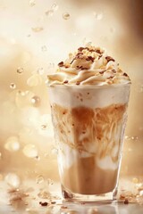 Refreshing iced latte beverage with milk and ice cubes, served in a glass against blurred backdrop