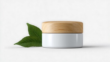 White cosmetic jar with wooden lid and green leaf on white background