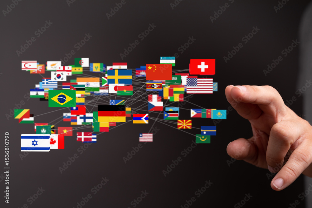 Aufkleber a hand interacts with a digital network of flags representing international connections.