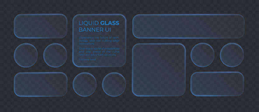 Liquid glass smartphone interface isolated for dark theme. Blue ui light frame square and circle banner with glow stroke. Control center widget for smartphone and web app, vector illustration.