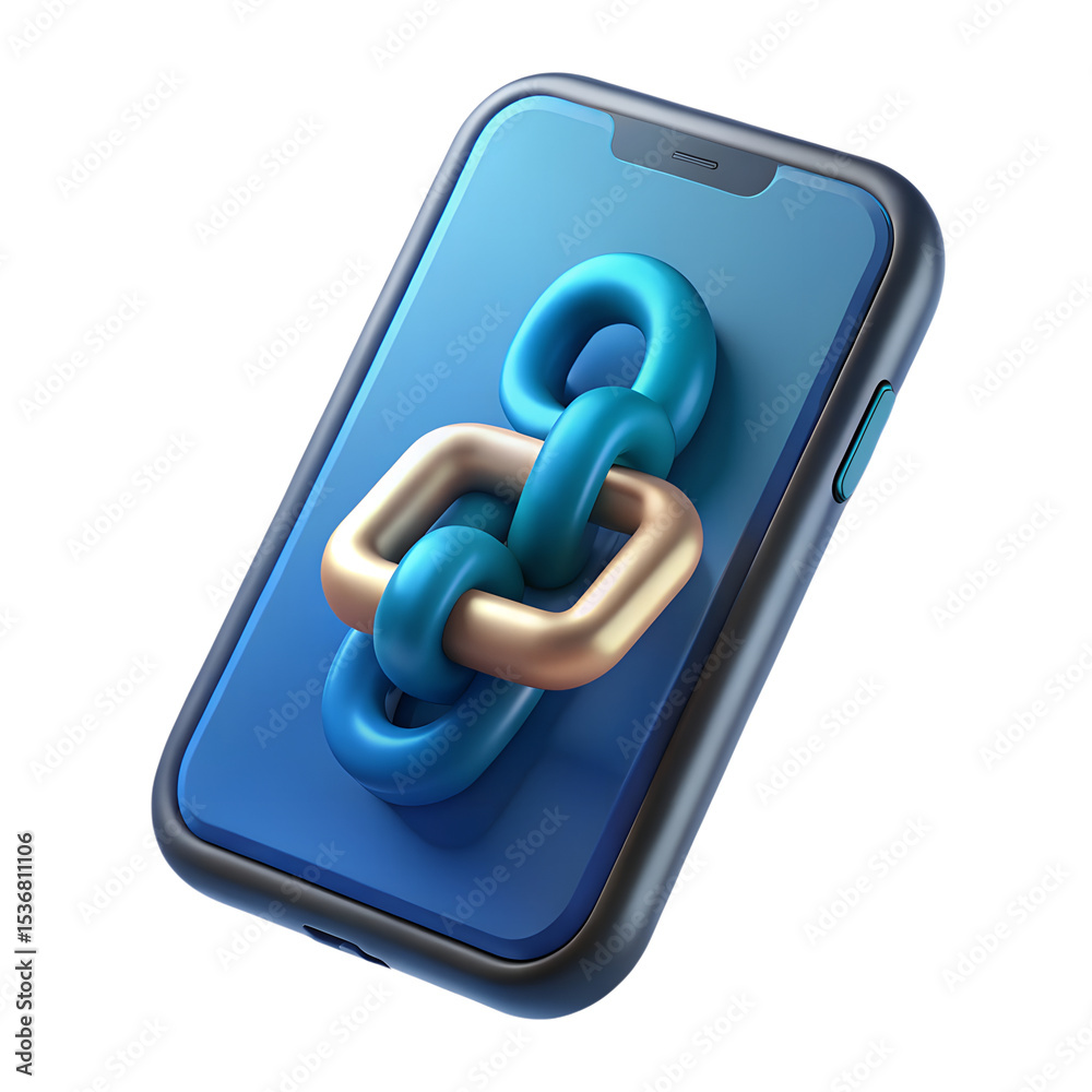 Poster creative rendering of a smartphone displaying a link with a stylish 3d chain icon connection on its 