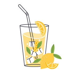 Lemonade refreshing drink, lemon soda in glass with straw and mint, vector icon hand drawn style