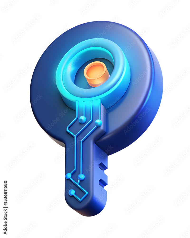Poster futuristic blue glowing key with circuit board design inside the abstract concept of security 3d ren