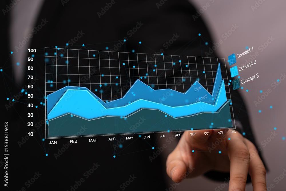 Poster stock photo of a businessman interacting with a holographic financial graph showing growth and progr