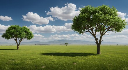 Obraz premium Serene African Savanna Landscape Lush Grasslands, Majestic Acacia Trees Under a Blue Sky