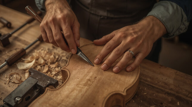 Master craftsman carving violin with precision tools in woodworking workshop