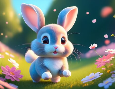 Hoppelndes Shibi-Hasenbaby mit Blume