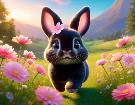 Hoppelndes Shibi-Hasenbaby mit Blume