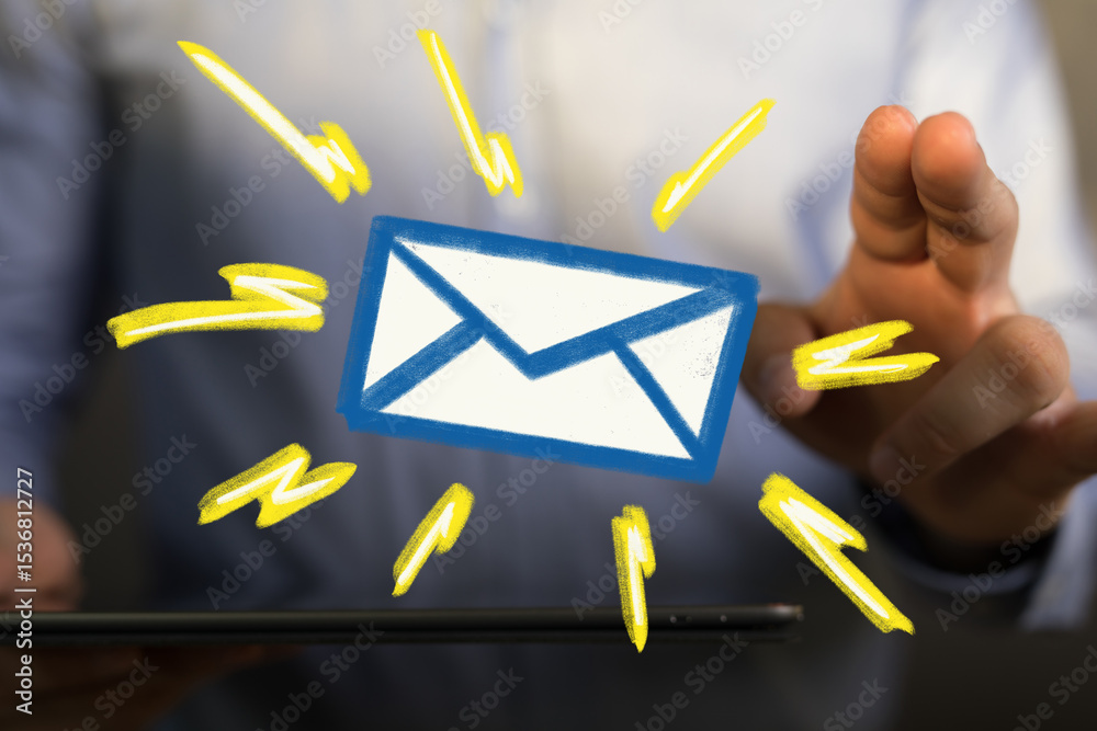 Poster Image of a hand interacting with a digital email, symbolizing online communication and messages.